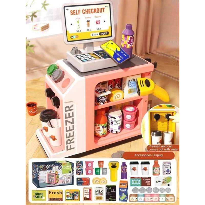 Supermarket Set™ - Einkaufsspaß für Zuhause - Spielzeugkasse Rosa | Pädagogisches Holzspielzeug von Mein Kleines Baby