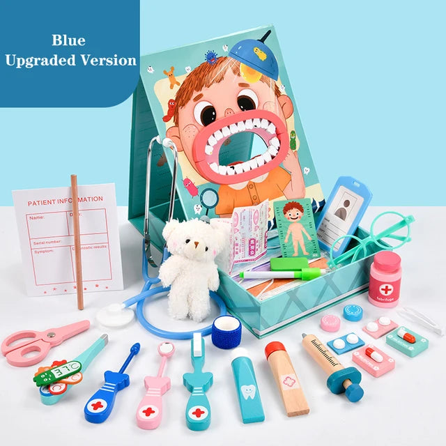 Woods™ - Zahnarzt mit Freude - Zahnarztspielset Blau / Erweitert | Pädagogisches Holzspielzeug von Mein Kleines Baby