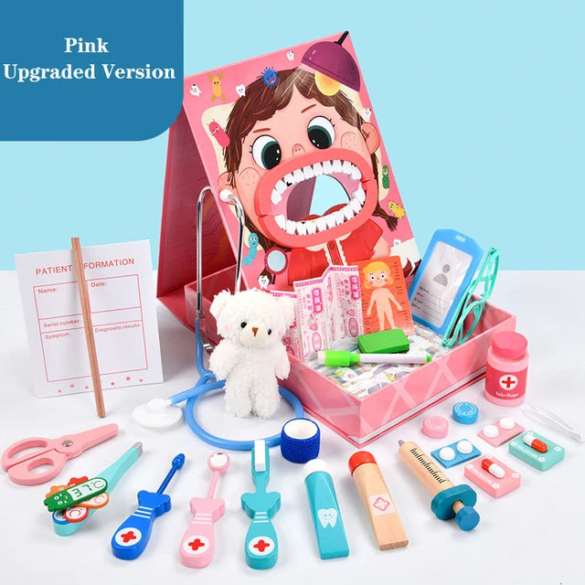 Woods™ - Zahnarzt mit Freude - Zahnarztspielset Rosa / Erweitert | Pädagogisches Holzspielzeug von Mein Kleines Baby