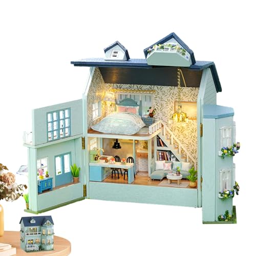 Puppenhaus Kit, Miniatur Puppenhaus Kit mit Möbeln und LED-Lichtern, Openable Wooden Doll House, Book Nook Kit Gardenhouse, Craft Kits Gifts for Adults and Teens von Meindin