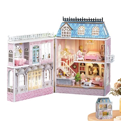 Puppenhaus Kit, Miniatur Puppenhaus Kit mit Möbeln und LED-Lichtern, Openable Wooden Doll House, Book Nook Kit Gardenhouse, Craft Kits Gifts for Adults and Teens von Meindin