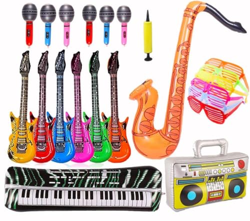 20 Stück Aufblasbare Rock Star Toy Set- Aufblasbare Party Props Saxophon Beth Mikrofon,Aufblasbare Gitarre Buntes Aufblasbare Instrumente Party Deko (set-2) von Meiruier