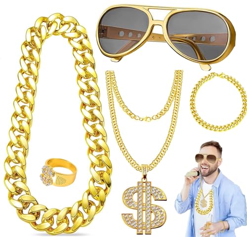 5 Stück Hip Hop Kostüm Set,Boombox Golden Baseball Cap Personalisiert Goldene Dollar Kette Brille Armband & Ring,Karneval Kostüm Herren 80er 90er Jahr Rapper Zubehör für Fasching Karneval (gold-2) von Meiruier