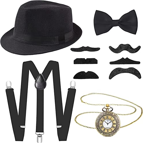 Meiruier 20er Jahre Kostüm Herren Accessoires, Mafia Kostüm Herren,Halloween Kostüm Party Herren mit Gangster Panamahut Taschenuhr Hosenträger Fliege Bärte Brille Karneval (Black-2) von Meiruier