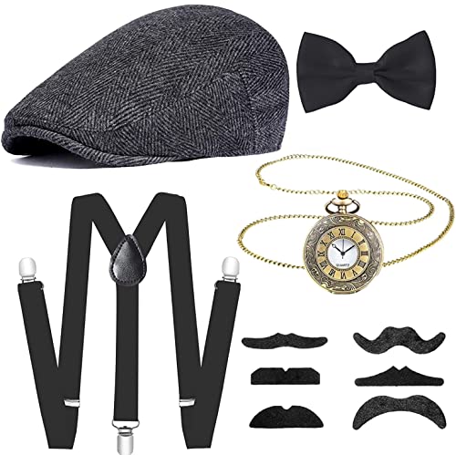 Meiruier 20er Jahre Kostüm Herren Accessoires, Mafia Kostüm Herren,Halloween Kostüm Party Herren mit Gangster Panamahut Taschenuhr Hosenträger Fliege Bärte Brille Karneval (grey) von Meiruier