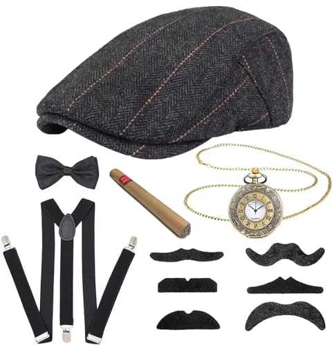 Meiruier 20er Jahre Kostüm Herren Accessoires, Mafia Kostüm Herren,Halloween Kostüm Party Herren mit Gangster Panamahut Taschenuhr Hosenträger Fliege Bärte Brille Karneval (grey-2) von Meiruier