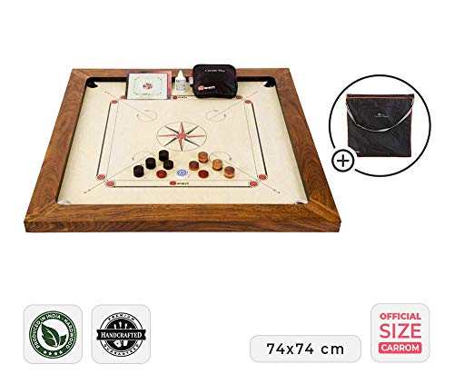 Großmeister Carrom Board Set 16kg - Carrom Board 74x74 - Wettkampf-Hartholz Qualität - Komplettes Set mit Offiziellen Scheiben(Carrom mit Tasche) von Meistersport