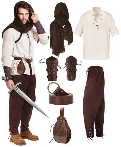 Renaissance-Wikinger-Kostüm, mittelalterliches Piratenhemd, Hose, Zubehör-Set für Halloween, 6-teilig, Khaki-Brown, Medium von Meistuik