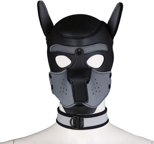 Meitaoyigou Neopren-Welpen-Haubenmaske mit Kragen, abnehmbare Cosplay-Hunde-Vollgesichts-Welpen-Haubenmaske, Halloween-Maske, Partykostüm (Grau, L) von Meitaoyigou