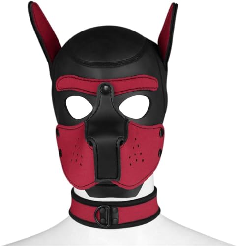 Meitaoyigou Neopren-Welpen-Haubenmaske mit Kragen, abnehmbare Cosplay-Hunde-Vollgesichts-Welpen-Haubenmaske, Halloween-Maske, Partykostüm (Rot, XL) von Meitaoyigou