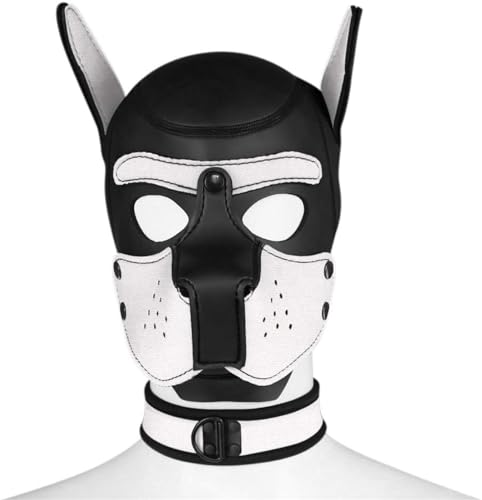 Meitaoyigou Neopren-Welpen-Haubenmaske mit Kragen, abnehmbare Cosplay-Hunde-Vollgesichts-Welpen-Haubenmaske, Halloween-Maske, Partykostüm (Weiß, L) von Meitaoyigou