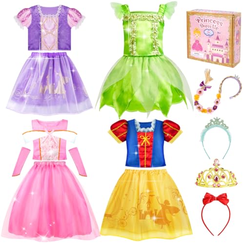 Meland Prinzessin Kostüme für Mädchen - 4 Satz von Prinzessin Dress up für Mädchen im Alter von 3 4 5 6 7 8, Fancy Dress Up Kleidung für Kinder Kleinkinder Mädchen Geburtstag Geschenk von Meland