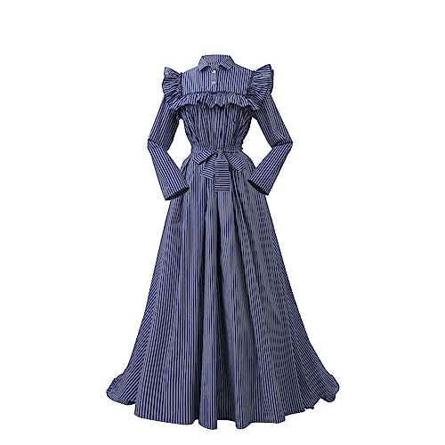 MelangCos Damen Blau Gestreiftes Regency Periode Kleid Vintage Rüschen Kleid Kolonial Pionier Kleid Kostüm (Blau gestreift, M) von MelangCos