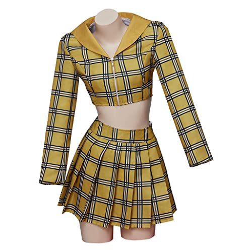 MelangCos Damen Clueless Cher Cosplay Kostüm 90er Jahre Schulmädchen Uniform Gelb Plaid Top und Rock Set (Gelb, XXL) von MelangCos