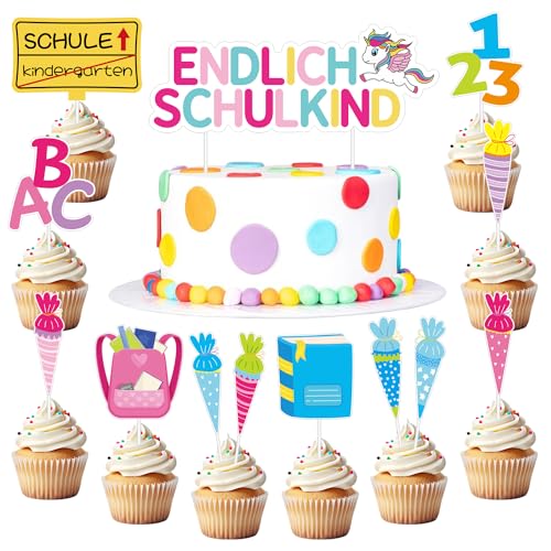 13 Stück Tortendeko Einschulung,Cake Topper Einschulung Mädchen,Kuchendeko Schulanfang,Kuchen Deko Einschulung für Schulkind Geschenk und Einschulung Party Torten Deko（Einhorn） von Meleager