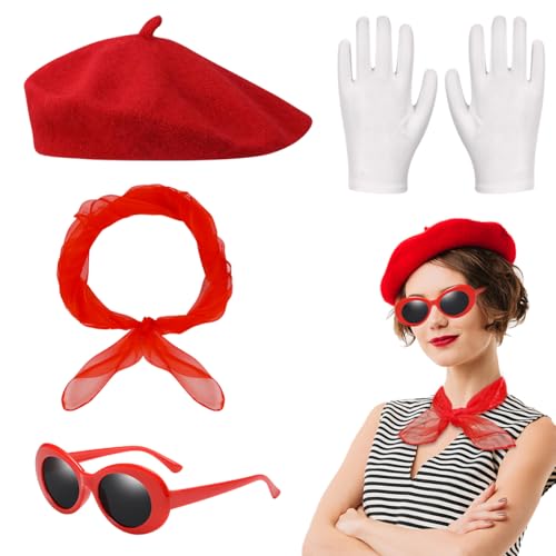 Meleager 4 Stück 50er jahre Accessoires Damen, Rockabilly Accessoires Damen mit Rote Baskenmütze, Schal, Sonnenbrille und Handschuhe, Franzosen Kostüm, 50er jahre Outfit Damen von Meleager