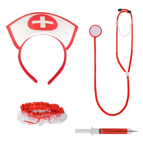 4 Stück Krankenschwester Kostüm Damen, Krankenschwester Zubehör mit Haarreif, Stethoskop, Strumpfband und Spritzenstift, Nurse Costume für Karneval, Themenparty, Cosplay von Meleager