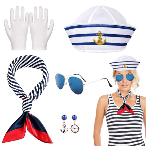 5 Stück Matrosen Kostüm Damen Set, Kapitän Matrosen Accessoires mit Matrosenmütze, Schal, Sonnenbrille, Ohrringe und weiße Handschuhe, für Karneval, Themenparty, Cosplay von Meleager