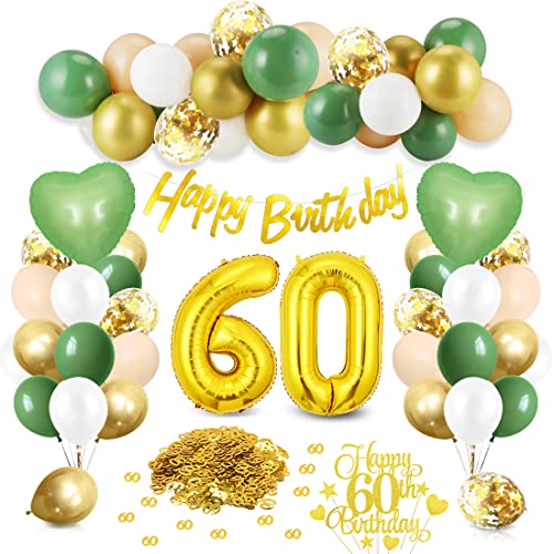 60 Geburtstag Deko Salbeigrüne, Deko 60 Geburtstag Frau Mann Grün Gold, Zahl 60 Luftballon mit 60 Geburtstag Banner, Geburtstag 60 Tortendeko, Grün Weiß Gold Ballons für Frauen 60 Geburtstagsdeko von Meleager