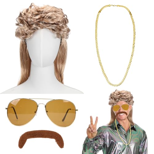 Meleager 70er 80er Jahre Outfit Accessoires Herren, Vokuhila Perücke 4 Stück, Hippie Kostüm Herren, Perücke Männer Geeignet Für Halloween, Kostümfeste,Cosplay, Party von Meleager