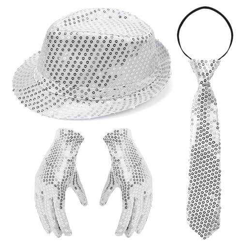 70er Jahre Disco Karneval Outfit Herren Accessories 3 Stück, Pailletten Hut Sliver Set mit Glitzer Krawatte und Fäustling Herren für Fasching Party,Jazz Dance Performence von Meleager