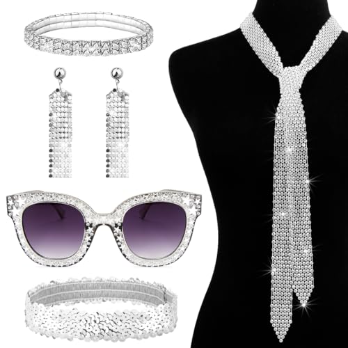 70er Jahre Disco Outfit Damen Accessories 5 Stück, 70er 80er Disco Pailletten Sonnenbrille Glitzer Haarband Quaste Ohrringe Strass Halskette Armband Kostüm Zubehör Set für Fasching Party Karneval von Meleager