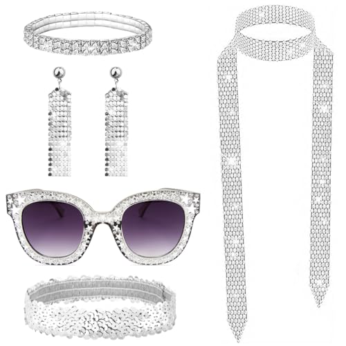 70er Jahre Disco Outfit Damen Accessories 5 Stück, 70er 80er Disco Pailletten Sonnenbrille Glitzer Haarband Quaste Ohrringe Strass Halskette Armband Kostüm Zubehör Set für Fasching Party Karneval von Meleager