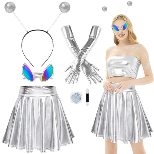 Alien Kostüm Set, Alien Kostüm Damen Silber, Alien Haarreif Silber, Alien Brille, Metallischer Faltenrock, Handschuhe, 5 Stück Alien Accessoires für Karneval Halloween Fasching Cosplay von Meleager