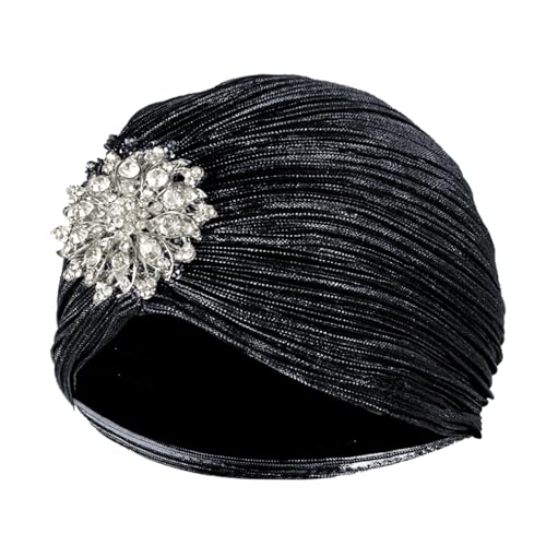 Meleager Damen Turban Hut mit Kristall Brosche,20er Jahre Hut Exotisch Glitzer Elastische, 1920s Damen Fasching Kostüm Accessoires(Schwarz) von Meleager