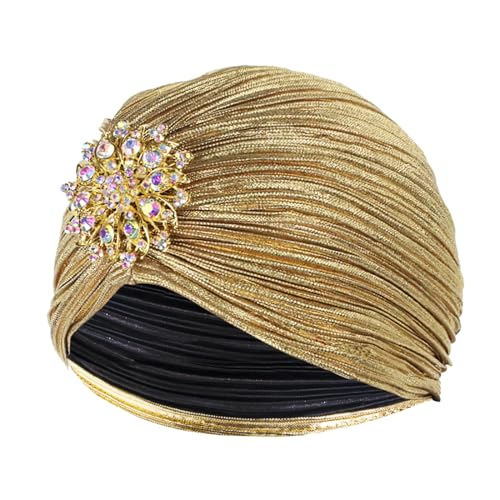 Meleager Damen Turban Hut mit Kristall Brosche,20er Jahre Hut Exotisch Glitzer Elastische, 1920s Damen Fasching Kostüm Accessoires(Gold) von Meleager