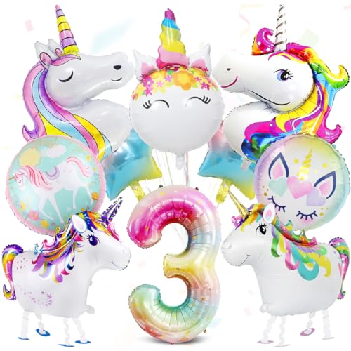 12 Stück Einhorn 3 Geburtstag Deko, Einhorn Luftballons, Zahl 3 Folienballon, 3 Jahr Einhorn Folienballon Deko, Geburtstagsdeko 3. Mädchen, Einhorn Themen Ballons für 3 Jahre Mädchen Geburtstag Party von Meleager