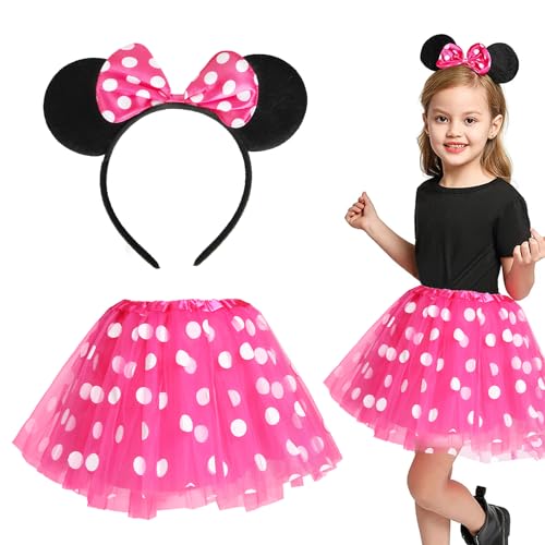 Faschingskostüme Kinder Mädchen, Minie Mouse Kostüm Kinder, Kinderkostüme Mädchen, Rosa Tüllrock mit Weiß Gepunktet + Haarreifen mit Maus Ohren für Halloween Fasching Karneval Cosplay Party von Meleager