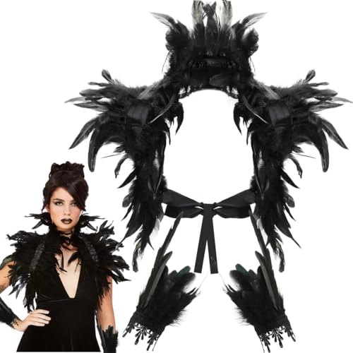 Federkragen Schwarz, Federcape, Federmanschetten, Schwarz Gothic Federumhang, 3 Stück Shrug federumhang Kostüm mit Feder Manschetten, Federschal für Männer und Frauen, für Karneval Halloween Cosplay von Meleager