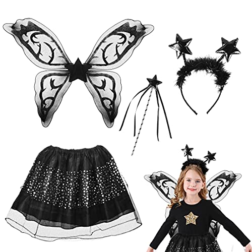 Schmetterling Kostüm Mädchen, 4 Stück Halloween Kostüm Kinder Schmetterling, Schwarze Tüllrock, Karneval Feenkostüm Mädchen, Flügel Schmetterling, Zauberstab und Haarreif von Meleager