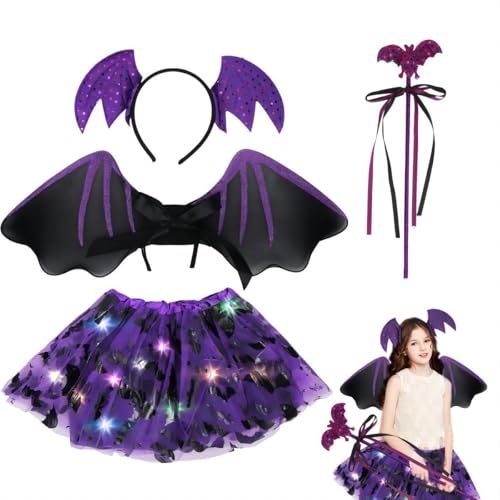 Fledermaus Kostüm Mädchen, Halloween Kostüm Kinder mit Haareif, Lila Tutu Rock, Flügel und Zauberstab für Karneval Halloween Cosplay Party von Meleager