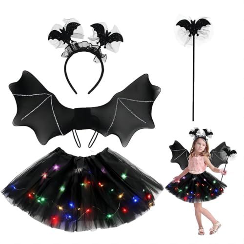 Fledermaus Kostüm Mädchen, Halloween Kostüm Kinder mit Haareif, Schwarz Tutu Rock, Flügel und Zauberstab für Karneval Halloween Cosplay Party von Meleager