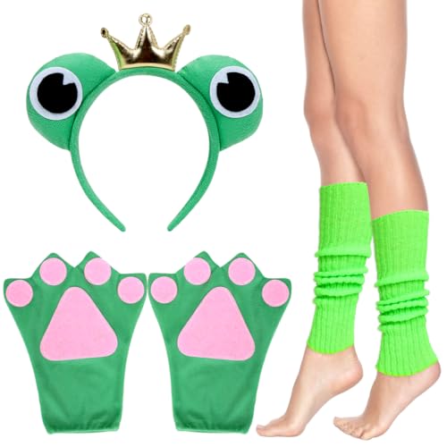 Froschkönig Haarreif, Frosch Handschuhe, 3 Stück Froschaugen Haarreifen Krone Set, Stulpen Neon, Frosch Kostüm Zubehör Accessoire Erwachsene Kinder, für Ostern Karneval Halloween Fasching Cosplay von Meleager