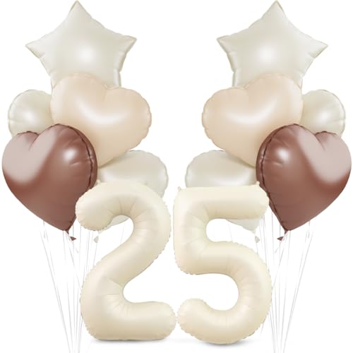 Beige Luftballon 25.Geburtstag,Cremeweiß 25. Geburtstag Ballon Deko,XXL 40 Zoll luftballon 25.，Beige Aprikose Braun Herz Stern Folienballons，für 25 Jahre Geburtstagsdeko Jubiläum Party Dekoration von Meleager