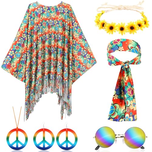 Hippie Kostüm Set, Hippie Poncho Damen, 6 Stück Orange Hippie Kostüm Damen Poncho Set übergröße, Frieden Zeichen Halskette Ohrringe, Blumen Stirnband, Hippie Stirnbänder, 60er 70er Fasching Kostüm von Meleager