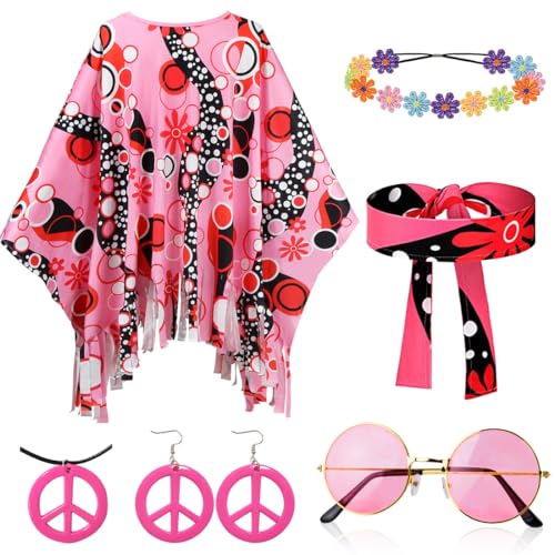 Hippie Kostüm Set, Hippie Poncho Damen, 6 Stück Rosa Hippie Kostüm Damen Poncho Set übergröße, Frieden Zeichen Halskette Ohrringe, Blumen Stirnband, Hippie Stirnbänder, 60er 70er Fasching Kostüm von Meleager