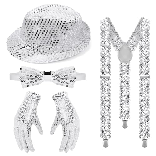 Jazz Dance Performance Hippie Accessories Pailletten Set, Glitzer Fliege und Hosenträger Herren Set mit Partyhüte Silber Handschuhe für Karneval Kostüm Zubehör von Meleager