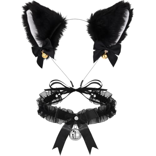 Katzenohren Haarreif, Cat Ears Haarschmuck mit Glöckchen Halskette, Katzenkostüm Damen, Katze Cosplay Set, Katzen Ohren Stirnband für Karneval von Meleager