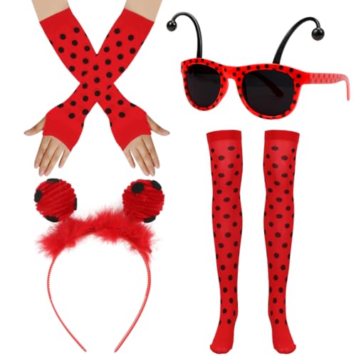 Marienkäfer Kostüm Zubehör Set, Marienkäfer Haarreif, Marienkäfer Handschuhe Fingerlose, Brille, Strümpfe Overknees, 4 Stück Kostüm Accessoires Kinder, für Halloween Karneval Fasching Cosplay von Meleager