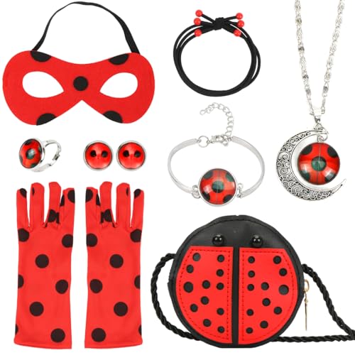 Marienkäfer Kostüm Zubehör Set, Tasche Marienkäfer, Marienkäfer Stulpen, Ohrringe, Stulpen, Maske, Halskette, Ring, 8 Stück Kostüm Accessoires Kinder, für Halloween Karneval Fasching Cosplay von Meleager