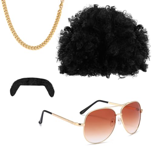 4er Hippie Kostüm Set, Hippie Kostüm Herren, Perücke Herren, Afro Perücke, Sonnenbrille, Halskette, Schnurrbart, für 70er 80er Kostüm Disco Thema Party, Cosplay, Karneval von Meleager