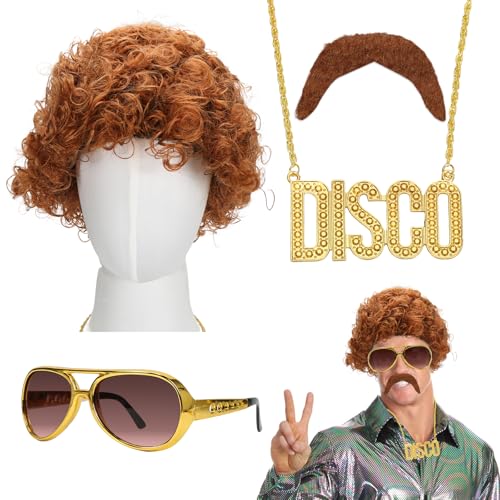 Meleager 70er 80er Jahre Outfit Accessoires Herren, Afro Perücke Herren 4 Stück, Hippie Kostüm Herren, Braun Perücke Männer Geeignet Für Cosplay, Halloween, Kostümfeste von Meleager