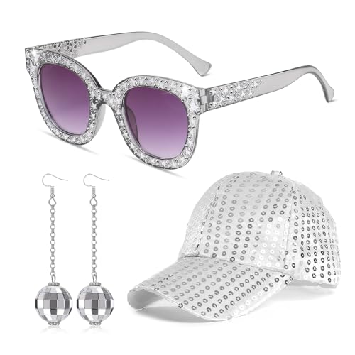 Meleager 70er Jahre Disco Kostüm Damen, Discokugel Ohrringe Hut mit Sonnenbrille, Disco Glitzer Kostüm Set für Party, Geburtstag, Konzert, Fasching Karneval von Meleager