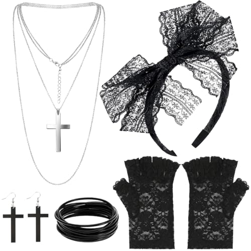 Meleager 80er Jahre Accessoires Damen, 80er Jahre Fasching Kostüm Zubehör mit Stirnband, Halsketten, Ohrringen, Armbändern, Spitzenhandschuhen mit halben Fingern von Meleager