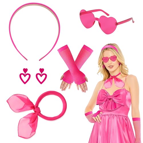 Meleager 90er Jahre Accessoires Outfit Damen, Rosa Stirnband Ohrringe Netzhandschuhe, Herz Sonnenbrille Halstuch, 80er Pink Costume Accessories für Fasching, Kostüm Party von Meleager