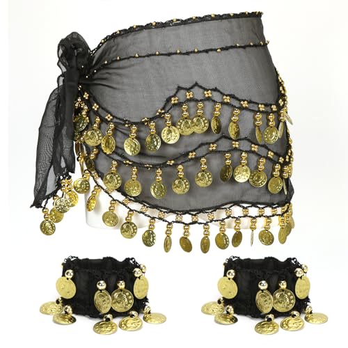 Bauchtanz Hüfttuch, Bauchtanz Kostüm Damen, Bauchtanz Rock mit 128-Gold Münzen, Chiffon Bauchtanzgürtel mit Armbändern, Orientalisches Kostüm Damen für Mottoparty, Carnival(Schwarz) von Meleager